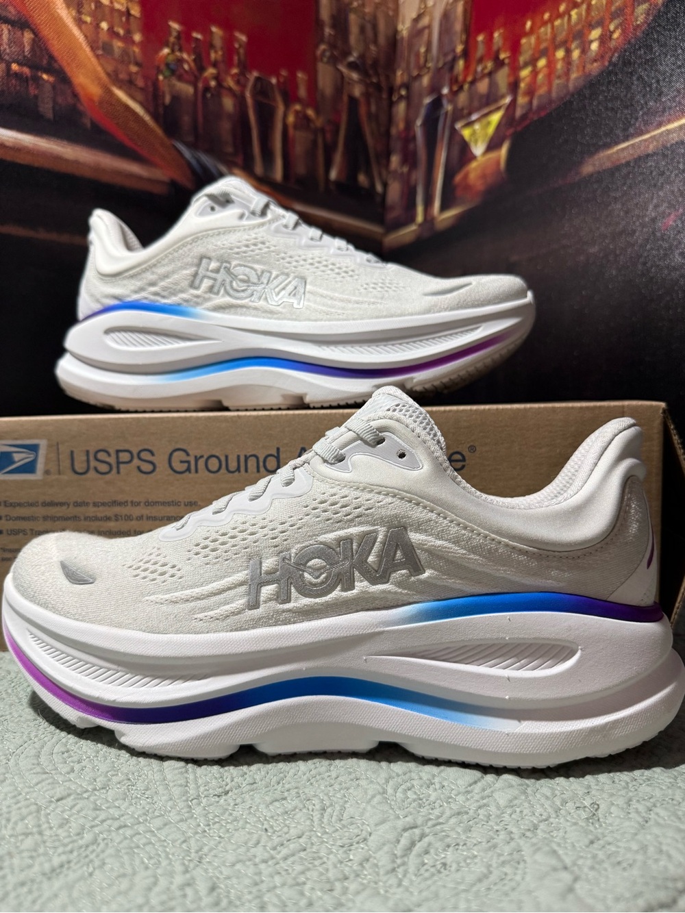 HOKA Bondi 9 Woman’s Size 10.5D White with Blue and Purple Accents BRAND NEW